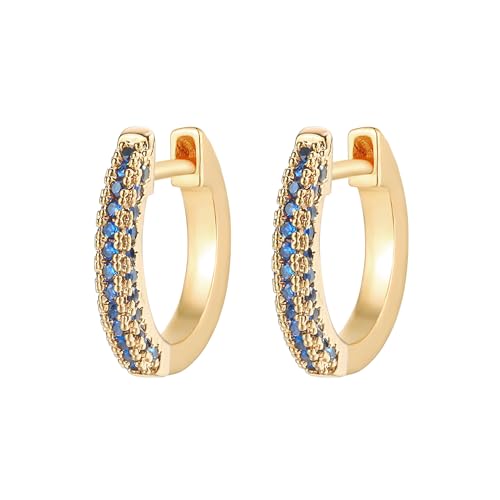 Jenosy Gold Ohrringe Damen mit Blau Zirkonia - Zarte Creolen, Leichte Knorpel Huggie, Hypoallergene 18K Vergoldet Modeschmuck für Frauen und Mädchen von Jenosy