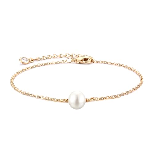 Jenosy 14K Vergoldet Armband Damen Gold mit Weiß Perle Personalisiertes Verstellbar Anhänger Armband für Frauen Mädchen Schmuck von Jenosy