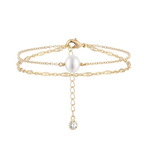 Jenosy 14K Vergoldet Armband Damen Gold mit Weiß Perle Schicht Personalisiertes Verstellbar Anhänger Armband für Frauen Mädchen Schmuck von Jenosy