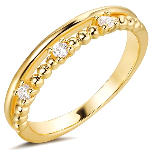 Jenosy 14K Vergoldete Stackable Ring Gold Damen Zweizeilig Perle aus Cubic Zirconia Ringe Hypoallergene Gold Schmuck für Frauen und Mädchen Size 6-8 (6) von Jenosy