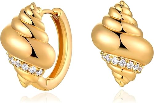 Jenosy 18K Vergoldet Creolen Gold Wellhornschnecken Huggies Klein Creolen mit Zirkonia Ohrringe Chunky Hoops Schmuck Hypoallergen Ohrringe 925 Silberne Nadel für Frauen und Mädchen von Jenosy