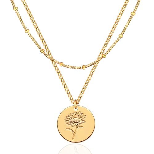 Jenosy 18K Vergoldet Geburt Blume Kette Layered Damen Gold Kette mit Gänseblümchen April Anhänger Hypoallergene Modeschmuck für Frauen und Mädchen von Jenosy