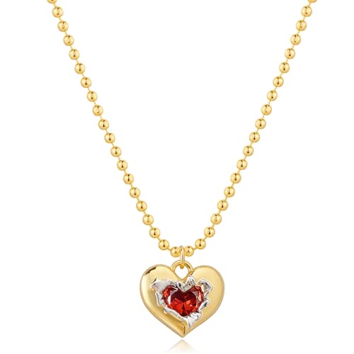 Jenosy 18K Vergoldete Damen Kette Gold Personalisierte Kette Damen mit Kreuz Mond für Frauen und Mädchen (Gold-Red) von Jenosy