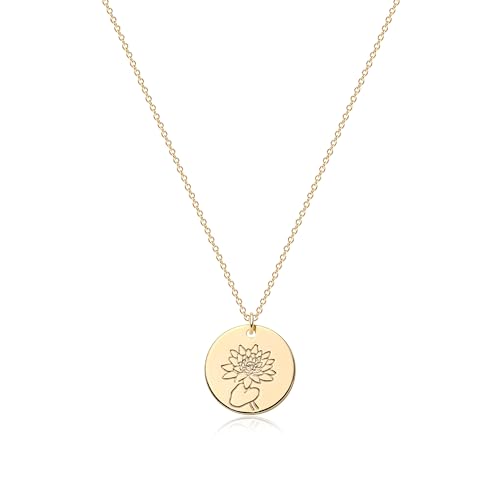 Jenosy Kette Damen Gold Kette mit Geburtsblumen Juli Personalisierte Kette mit Blume Zarte Kette mit Wasserlilie Anhänger Hypoallergene 18K Vergoldete Kette Modeschmuck für Frauen und Mädchen von Jenosy