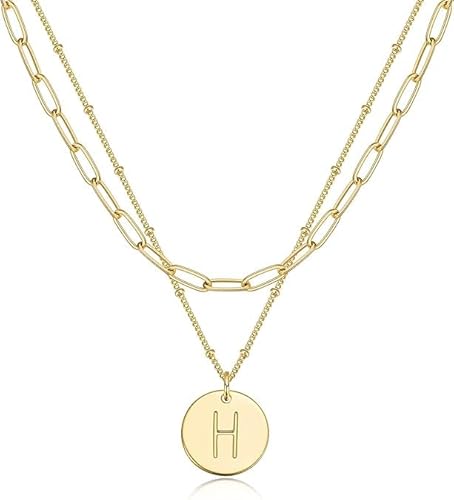 Jenosy Layering Kette Damen Kette mit Buchstaben Personalisierte Kette mit Namen Zarte Buchstaben Kette Gold 18K Vergoldete Kette mit Runder Plättche Anhänger Modeschmuck für Damen und Mädchen von Jenosy