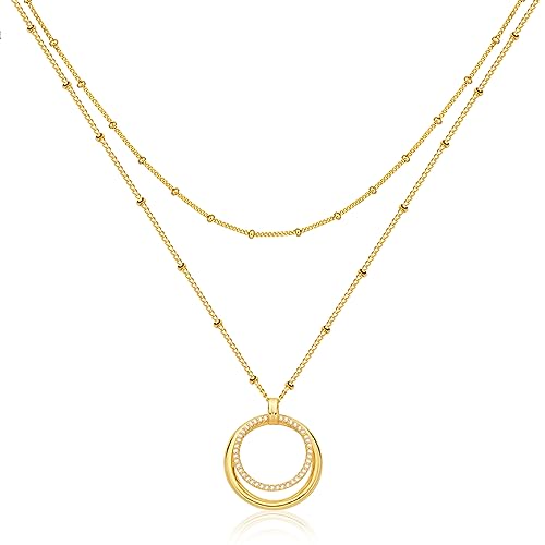 Jenosy Kette Layered Damen Kette Kreis Gold Personalisierte Kreis Kette Damen Zarte Halskette mit Kreis Anhänger Damen Hypoallergene 18K Vergoldete Kette Modeschmuck für Frauen und Mädchen von Jenosy