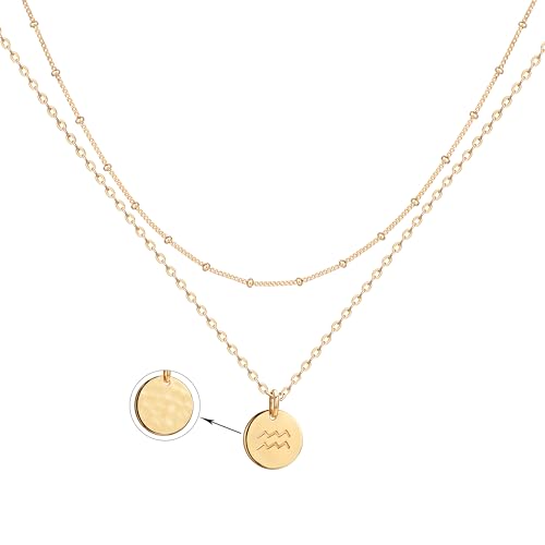 Jenosy Kette Layered Damen Wassermann Sternzeichen Kette Gold Personalisierte Halskette mit Anhänger Zarte Mehrreihig Kette Hypoallergene 18K Vergoldete Kette Modeschmuck für Frauen und Mädchen von Jenosy