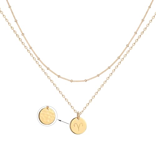 Jenosy Kette Layered Damen Widder Sternzeichen Kette Gold Personalisierte Halskette mit Anhänger Zarte Mehrreihig Halskette Hypoallergene 18K Vergoldete Kette Modeschmuck für Frauen und Mädchen von Jenosy