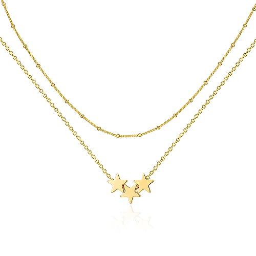 Jenosy Kette Layered Damen Kette Pentagramm Gold Personalisierte Stern Kette Damen Zarte Halskette mit Stern Anhänger Damen Hypoallergene 18K Vergoldete Kette Modeschmuck für Frauen und Mädchen von Jenosy