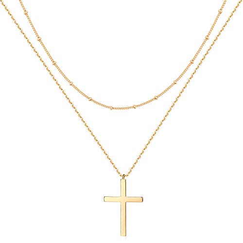 Jenosy Kette Layered Damen Kreuz Kette Gold Personalisierte Kette Kreuz Damen Zarte Halskette mit Kreuz Anhänger Damen Hypoallergene 18K Vergoldete Kette Modeschmuck für Frauen und Mädchen von Jenosy