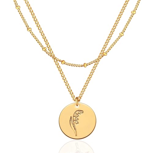 Jenosy 18K Vergoldet Geburt Blume Kette Layered Damen Gold Kette mit Lily May Anhänger Hypoallergene Modeschmuck für Frauen und Mädchen von Jenosy