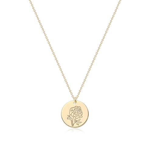 Jenosy Kette Damen Gold Kette mit Geburtsblumen September Personalisierte Kette mit Blume Zarte Kette mit Pfingstrosen Anhänger Hypoallergene Vergoldete Kette Modeschmuck für Frauen und Mädchen von Jenosy