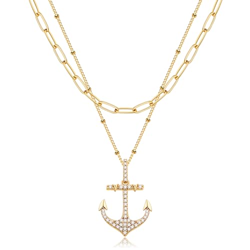 Jenosy Kette Layered Damen Anker Kette Gold Personalisierte Anker Kette Damen Zarte Halskette mit Anker Anhänger Damen Hypoallergene 18K Vergoldete Kette Modeschmuck für Frauen und Mädchen von Jenosy