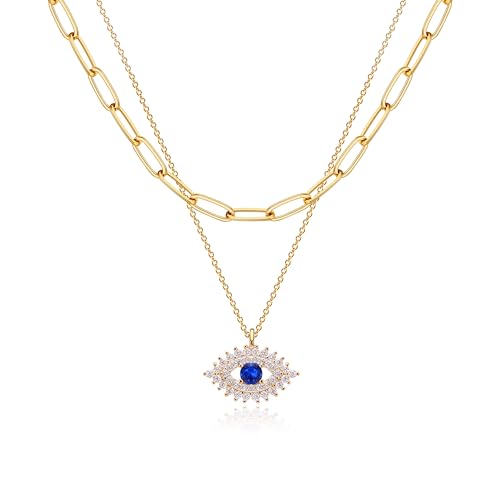 Jenosy Kette Layered Damen Nazar Auge Kette Gold Personalisierte Böser Blick Kette Zarte Halskette mit Auge Anhänger Damen Hypoallergene 18K Vergoldete Kette Modeschmuck für Frauen und Mädchen von Jenosy