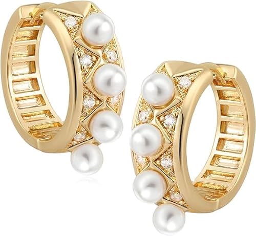 Jenosy 18K Vergoldet Gold Creolen Ohrringe Damen Perle mit Raute Zirkonia Hypoallergene Ohrringe für Frauen und Mädchen von Jenosy