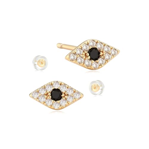 Jenosy Evil Eye Schwarz Ohrstecker 14K Gold Knorpel Huggie Ohrstecker mit Cubic Zirkonia Hypoallergene Ohrringe Modeschmuck für Frauen und Mädchen von Jenosy