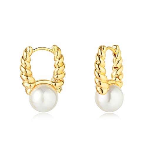 Jenosy Perlen Ohrringe Damen Gold - Zarte Creolen, Modische Leichte Knorpel Huggie Hypoallergene Ohrringe 18K Vergoldet Modeschmuck für Frauen und Mädchen von Jenosy