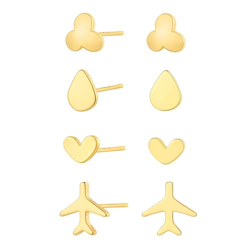 Jenosy 4 Paar 18K Ohrringe Gold Set - Herz, Blumen, Teardrop, Flugzeug Ohrstecker für Damen - Vergoldet, Hypoallergen, Sleeper Stud Modeschmuck für Frauen und Mädchen von Jenosy