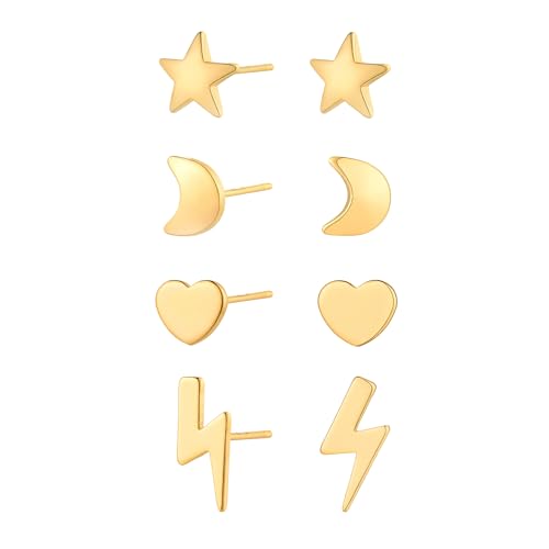 Jenosy 18K Gold Ohrringe Set - Stern, Mond, Herz, Blitz Ohrstecker für Damen - Vergoldet, Hypoallergen, Sleeper Stud Modeschmuck für Frauen und Mädchen von Jenosy