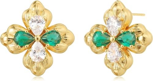 Jenosy Vierblättrige Kleeblatt Ohrstecker Gold 14K Vergoldet Filled Cubic Zirconia mit 925 Sterling Silber Post Ohrringe Handmake Hypoallergene Schmuck Geschenk für Frauen von Jenosy