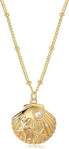 Jenosy Zierlich Gold Muschel Anhänger Halskette Ozean Halskette für Frauen 18K Gold plattiert Halskette Boho Handmade Sommer Strand Halskette Schmuck Geschenke (Muschel- und Perleneinlage) von Jenosy