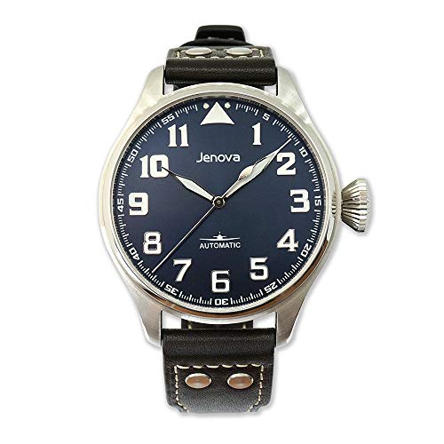 Jenova WWII Typhoon Pilot Automatik Swiss Made Stahl Blau Leder Vintage Herrenuhr, Armband von Jenova International ltd.