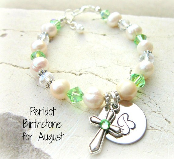 August Geburtsstein Armband.erstkommunion Geschenk.mädchen Peridot Kristall Kreuz Perlen Armband.geburtsstein Schmuck.peridot Armband. Blumenmädchen von JensBeadBox