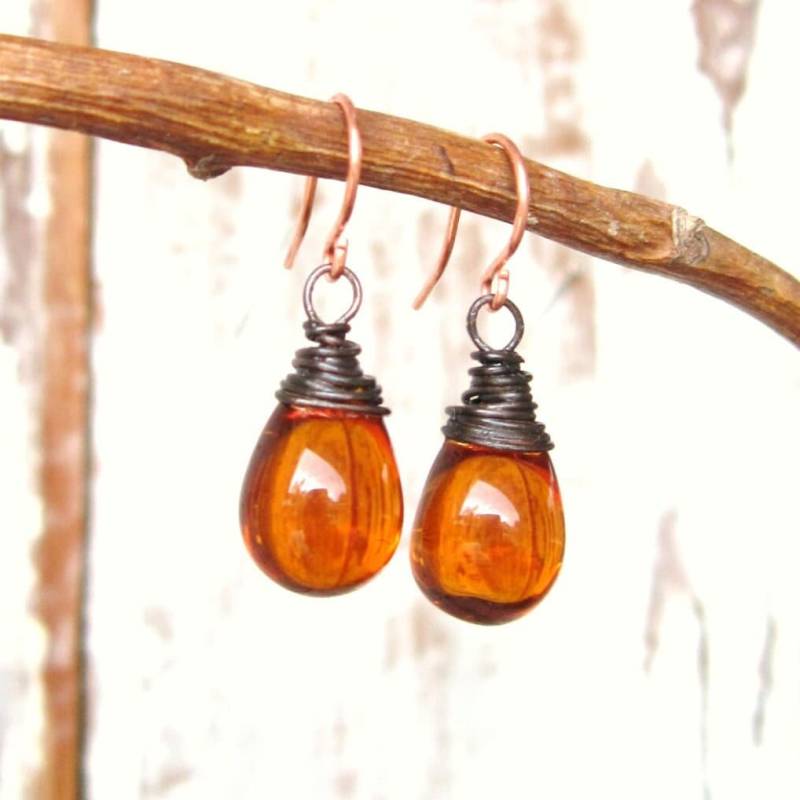 Bernstein Tropfen Ohrringe.draht Gewickelt Briolette Ohrringe.bernstein Ohrringe.honig Glas von JensBeadBox