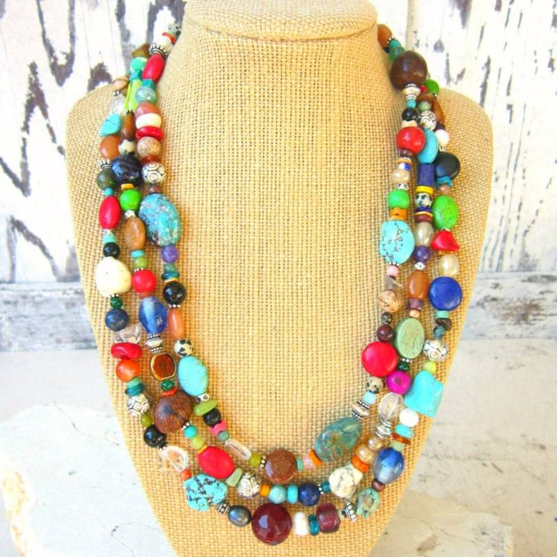 Halbedelstein Necklace.multi Color Necklace.statement Jewelry.multi Stone Jewelry.colorful Dreifach-Strang Halskette von JensBeadBox
