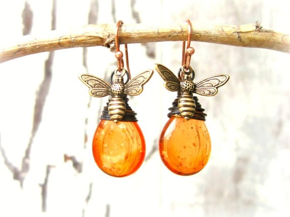 Honey Bee Ohrringe. Honig Biene Jewelry.wire Wrapped Drops Amber Earrings.amber Glass Dangle Jewelry.gift Für Lover von JensBeadBox