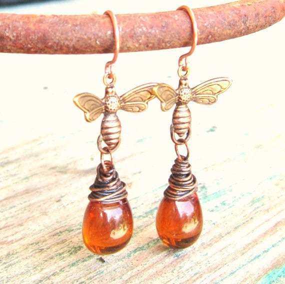 Honig Biene Earrings.wire Gewickelt Briolette Amber Earring.amber Glas Baumeln Earrings.honey Bee Jewelry.amber Jewelry.gift Für Bee-Liebhaber von JensBeadBox