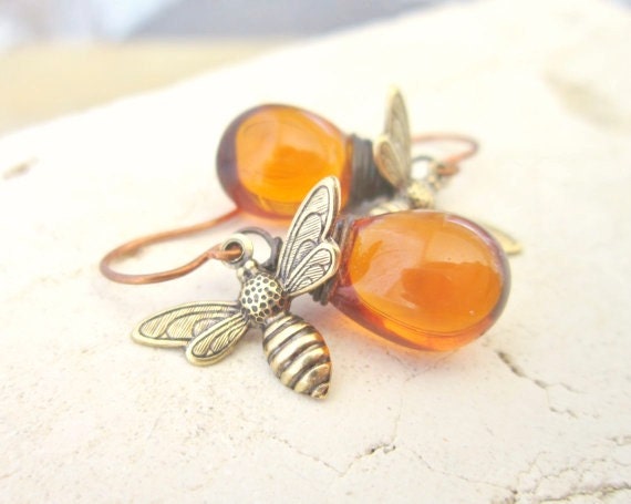 Honig Biene Jewelry.honey Ohrringe. Umwickelt Tropfen Amber Earrings.amber Glas Baumeln Jewelry.gift Für Bee-Liebhaber von JensBeadBox