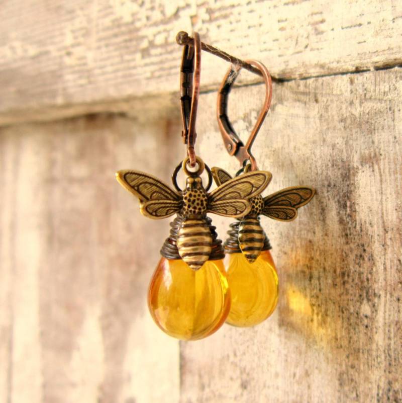 Honigbienen Ohrringe. Schmuck.draht Gewickelt Glas Honig Bernstein Ohrringe.bernstein Baumeln Schmuck.geschenk Für Biene Liebhaber von JensBeadBox