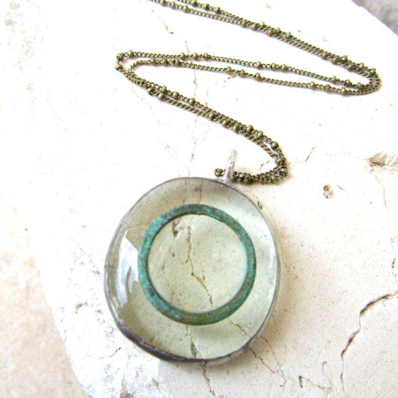 Klar Vintage Glas Halskette. Grünspan Kreis Lange Kette. Schmuck. Klar Glas-Schmuck von JensBeadBox