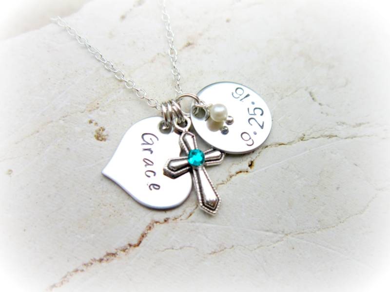 Mädchen Personalisierte Halskette Mit Geburtsstein Kreuz. Kreuz Personalisiert. Regligious Girft Für Mädchen. Ersten Kommuniongeschenk von JensBeadBox