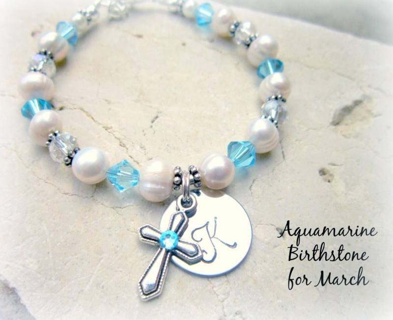 März Geburtsstein Bracelet.erste Kommunion Gift.kinder Aquamarin Kristall Kreuz Perle Bracelet.birthstone Jewelry.pearl Schmuck von JensBeadBox
