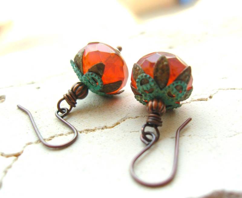 Tangerine Opal Glas & Grünspan Kupfer Ohrringe, Facettierte Rondelle Ohrhänger von JensBeadBox