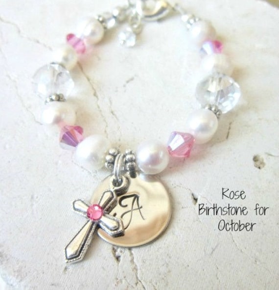 Oktober Birthstone Bracelet.first Kommunion Gift.children Rosa Crystal Kreuz Perlen Bracelet.birthstone Schmuck von JensBeadBox