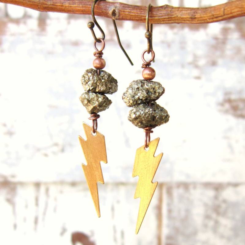 Pyrit-Ohrringe. Lightening Bolt Ohrringe. Pyrit-Drop-Earrings.pyrite Und Aufhellung Dangle Earrings.pyrite Jewelry.lightening Schmuck von JensBeadBox
