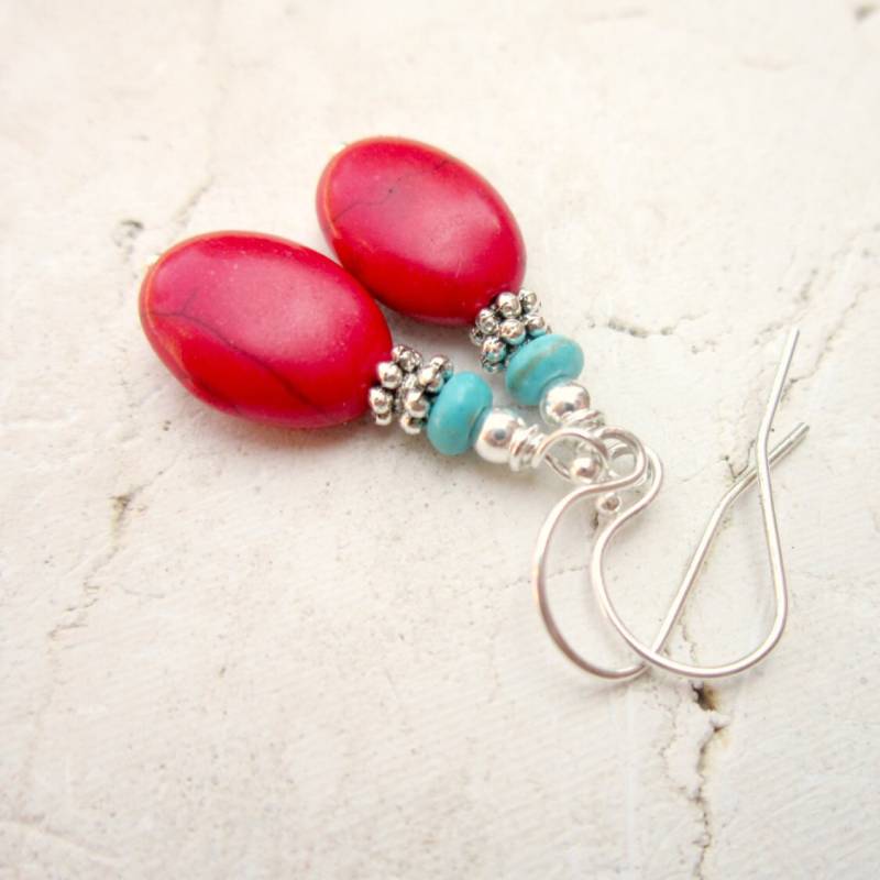 Rot & Türkis Earrings.red Howlite Baumschmine Lungen.türkis Und Rot Ohrringe.türkis Jewelry.red Schmuck von JensBeadBox