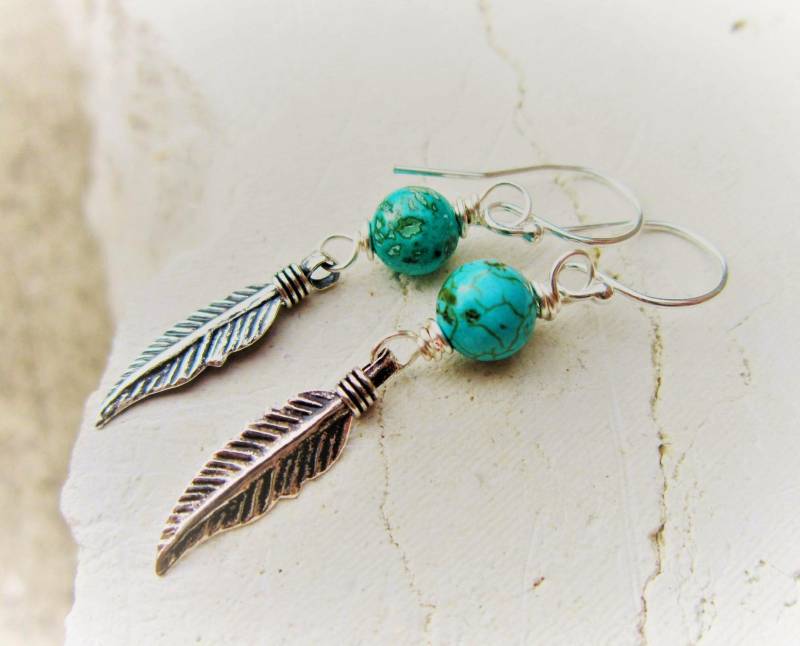 Southwest Silberne Feder-Ohrringe. Echte Türkis Silber Feder Ohrringe. Echter Schmuck. Tropfen Ohrringe von JensBeadBox