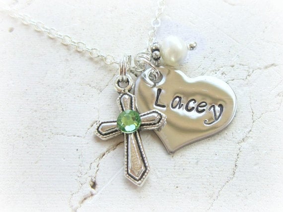 Taufe Gift.first Kommunion Geschenk Girl.children Der Geburtsstein Kreuz Halskette. Des Mädchens Namenskette & Perle Charm Necklace.birthstone von JensBeadBox