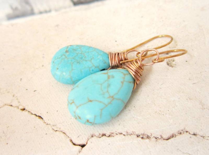 Türkis Ohrringe Gold. Golddraht Umwickelt Howlith Ohrringe. Schmuck. Gold Und Earrings.wedding Schmuck von JensBeadBox