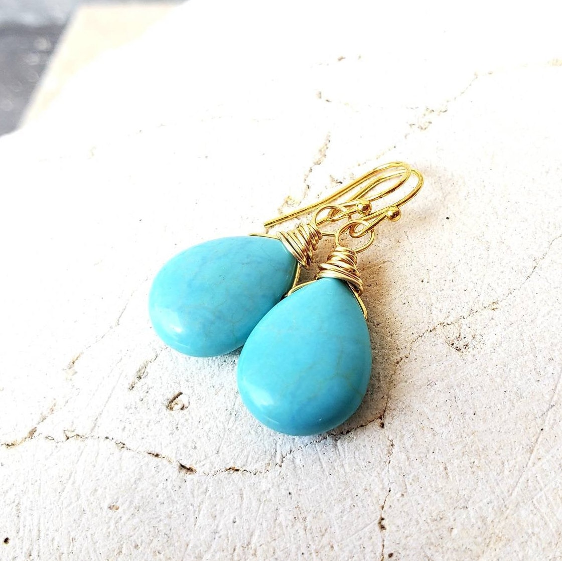 Türkis Ohrringe Gold. Golddraht Umwickelt Howlith Ohrringe. Schmuck. Gold Und Earrings.wedding Schmuck von JensBeadBox