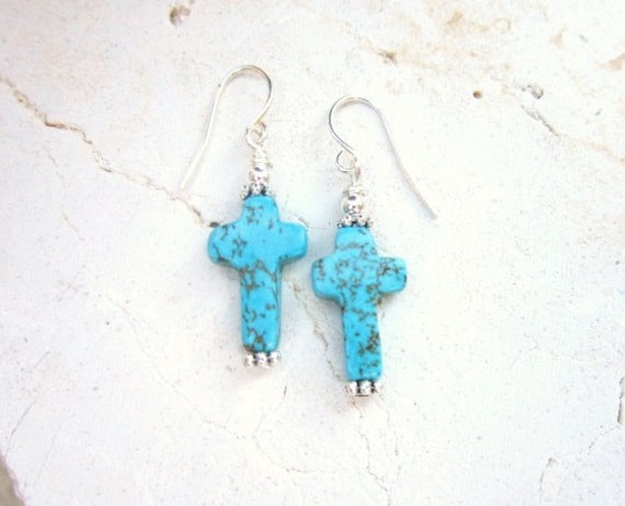 Türkis Ohrringe. Howlith Baumeln Kreuz Ohrringe.türkis von JensBeadBox