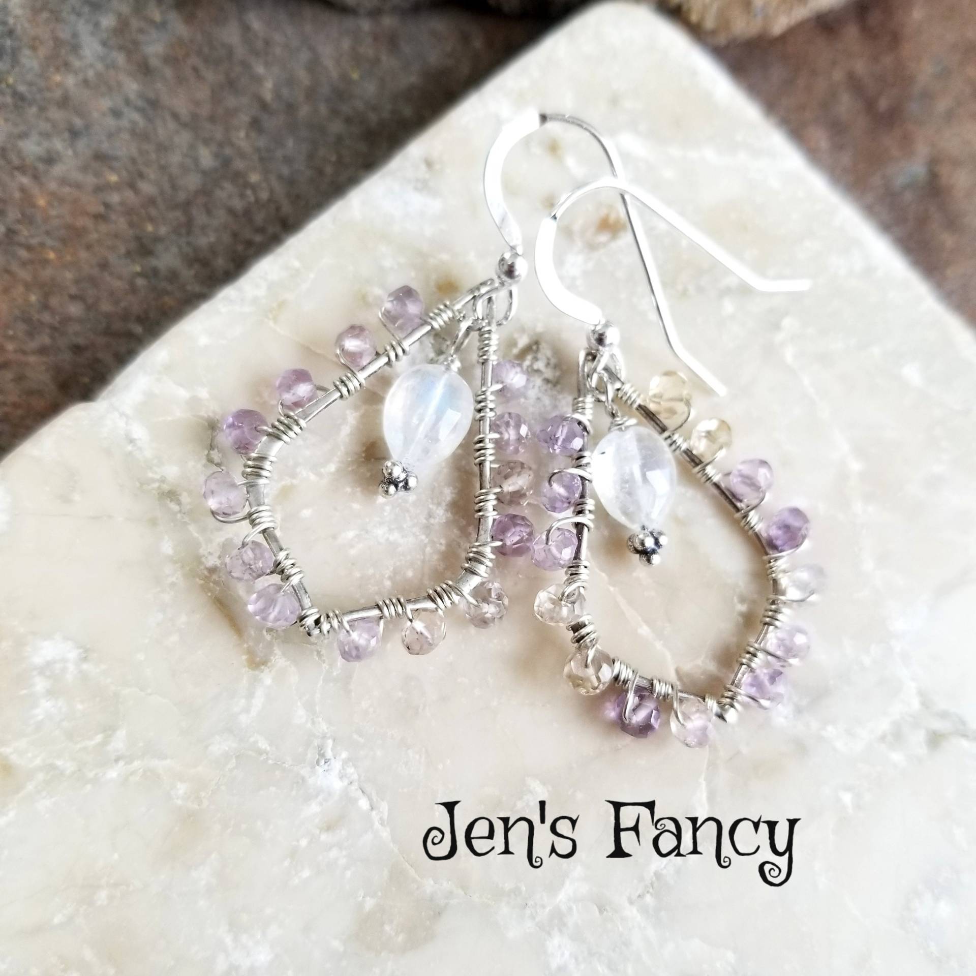Ametrin Ohrringe Sterling Silber Wire Wrap Mit Regenbogen Mondstein, Echte Edelstein Schmuck, Geschenk Für Sie, Juni Geburtsstein, Jen's Fancy Ametrin Ohrringe Sterling Silber Wire Wrap Mit Regenbogen Mondstein, Echte Edelstein Schmuck, Geschenk Für Sie, Juni Geburtsstein, Jen's Fancy von JensFancy