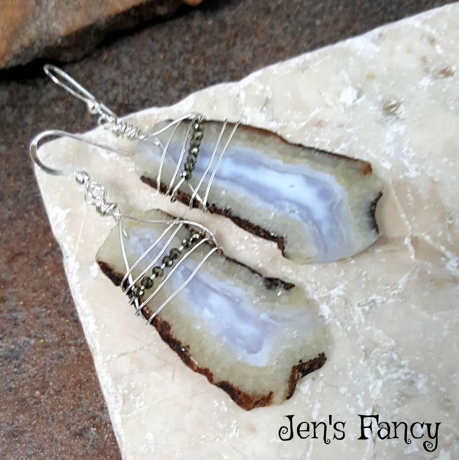 Blaue Spitze Achat Ohrringe Sterling Silber Draht Gewickelt, Edelstein Schmuck, Jens Fancy, Geschenk Für Sie, Lange Blaue Spitze Achat Ohrringe Sterling Silber Draht Gewickelt, Edelstein Schmuck, Jens Fancy, Geschenk Für Sie, Lange von JensFancy