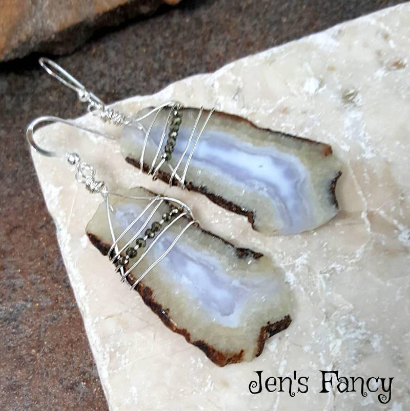Blaue Spitze Achat Ohrringe Sterling Silber Draht Gewickelt, Edelstein Schmuck, Jens Fancy, Geschenk Für Sie, Lange Blaue Spitze Achat Ohrringe Sterling Silber Draht Gewickelt, Edelstein Schmuck, Jens Fancy, Geschenk Für Sie, Lange von JensFancy