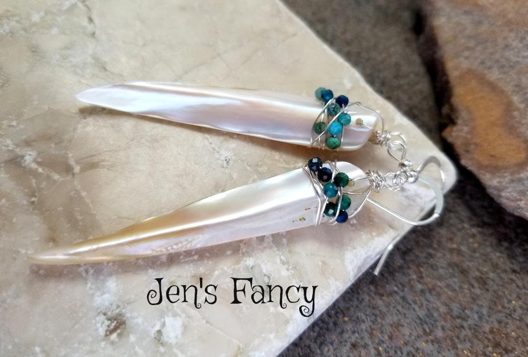 Perlmutt Ohrringe Sterling Silber Draht Gewickelt, Jens Fancy, Geschenk Für Sie, Edelstein Chrysokoll Schmuck Schmuck, Lange Perlmutt Ohrringe Sterling Silber Draht Gewickelt, Jens Fancy, Geschenk Für Sie, Edelstein Chrysokoll Schmuck Schmuck, Lange von JensFancy