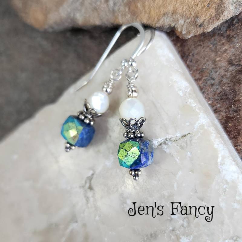 Sodalith & Perlmutt Ohrringe Sterling Silber, Handgefertigte Edelstein Schmuck Schmuck, Geschenk Für Sie, Jen's Fancy von JensFancy